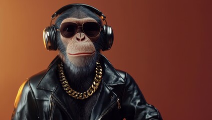 Stylish chimpanzee wearing sunglasses and headphones.