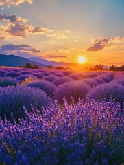 Naklejka premium Purple Flowers and Sunset Landscape