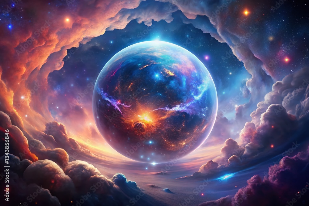 Poster cosmic nebula sphere: 3d rendered spherical panorama with bokeh effect
