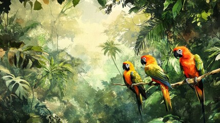 A jungle scene wallpaper with tropical birds.  It's a watercolor painting of a forest.
