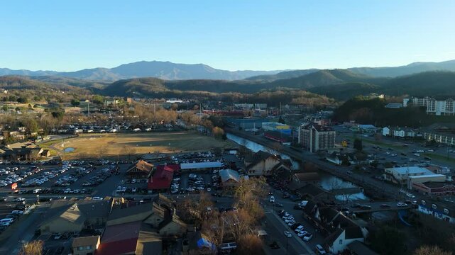 Aerial shot of the Old Mill Square in Piegon Forge, TN at sunset.