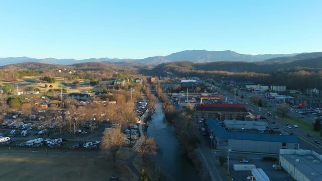Piegon Forge, TN aerial pull out at sunset.