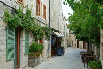 Fototapeta premium Historic European Street: A cobblestone street lined with old, colorful buildings 