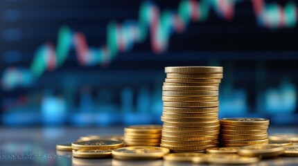 Stack of gold coins on chart background