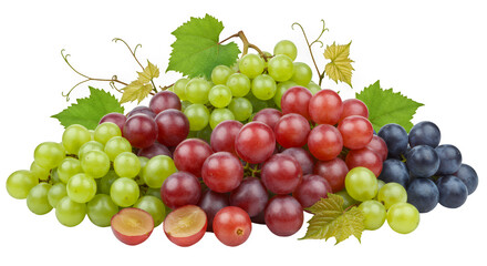 Obraz premium Red Green Purple Grapes with Leaves on Transparent Background
