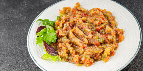  salad Baba ganoush eggplant, tomato, onion vegetables dish fresh delicious gourmet food background on table rustic food top view copy space keto and paleo diet vegetarian and vegan food
