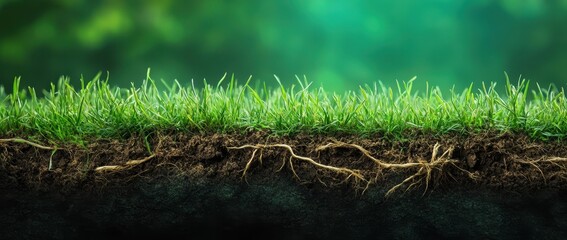 Cross-section of lush grass with visible roots in rich soil.