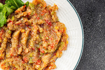  salad Baba ganoush eggplant, tomato, onion vegetables dish fresh delicious gourmet food background on table rustic food top view copy space keto and paleo diet vegetarian and vegan food