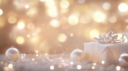 Festive silver and white Christmas gift with bokeh lights