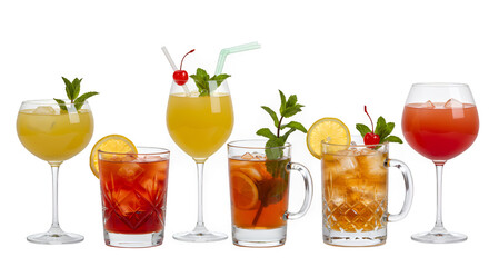 Seven Colorful Cocktails in a Row on Transparent Background