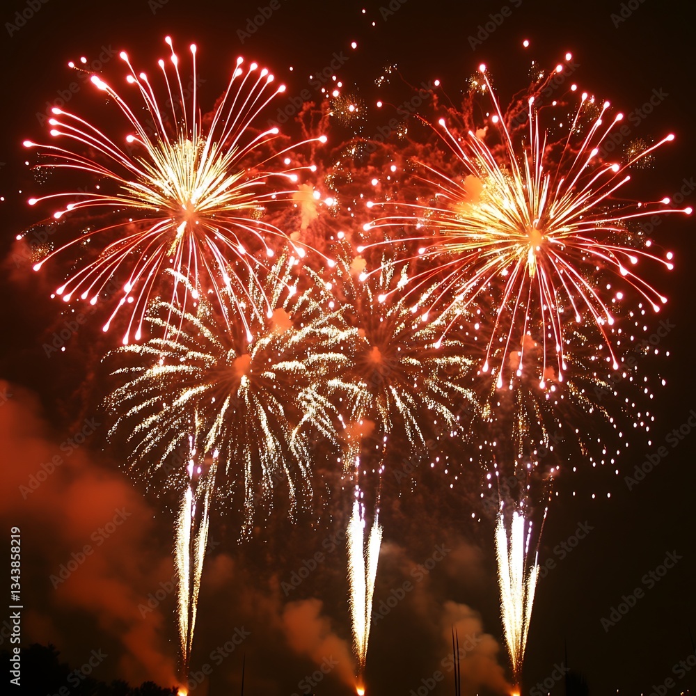 Poster beautiful display of colorful exploding fireworks in the night sky