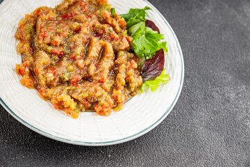  salad Baba ganoush eggplant, tomato, onion vegetables dish fresh delicious gourmet food background on table rustic food top view copy space keto and paleo diet vegetarian and vegan food