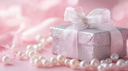 Glittery gift box with pearls on pink background