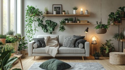 A living room with a sofa, shelves, plants, and lamps.
