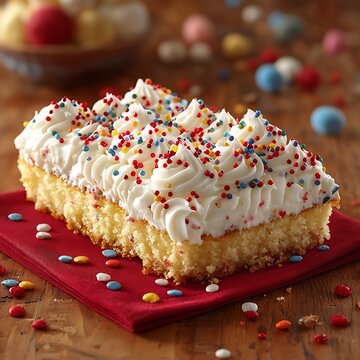 A frosted cake with colorful sprinkles sitting on a napkin