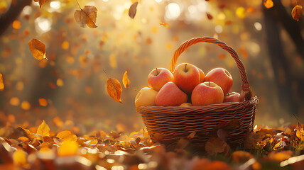 Basket of Apples on Autumn Leaves in a Sunlit Orchard