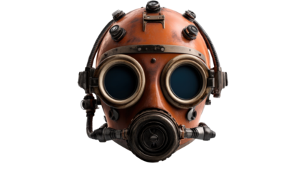 Steampunk Diving Mask: An old and vintage diver's helmet stands out, showcasing a copper orange tone, rivets and the essence of Victorian era diving and deep-sea exploration.