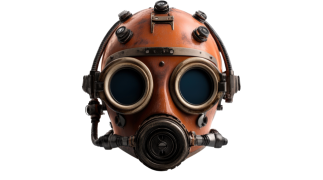 Steampunk Diving Mask: An old and vintage diver's helmet stands out, showcasing a copper orange tone, rivets and the essence of Victorian era diving and deep-sea exploration.