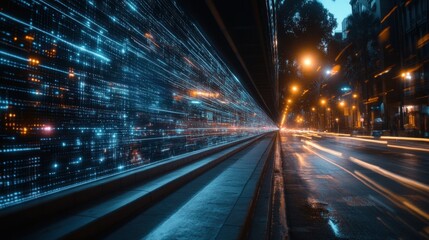 A city street at night with a bright blue line running down the middle