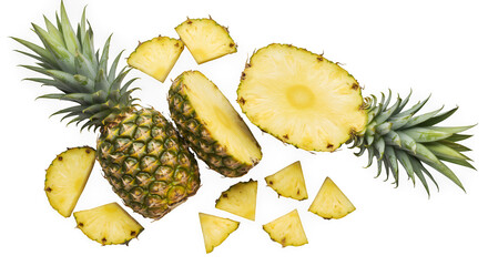 Studio Shot of Whole and Sliced Pineapples on Transparent Background