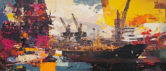 Abstract painting of a bustling harbor scene.