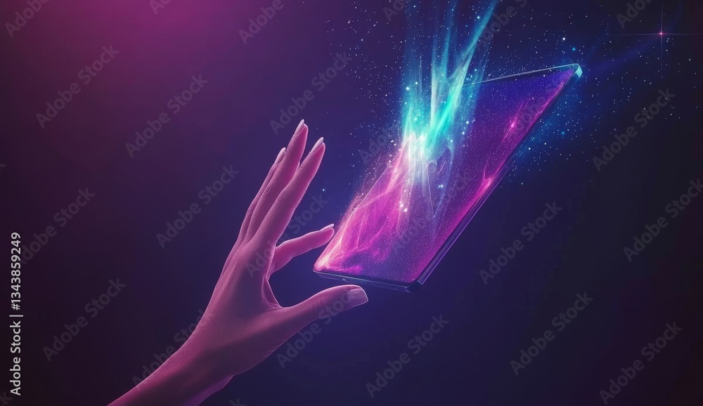 Poster a person with experience in the metaverse is depicted accessing the virtual world via smartphone, hi