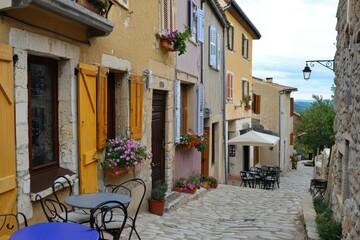 Fototapeta premium Historic European Street: A cobblestone street lined with old, colorful buildings 