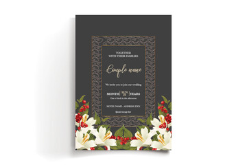 WEDDING INVITATION FRAME WITH FLOWER DECORATIONS AND FRESH LEAVES