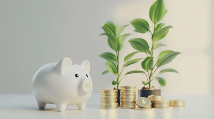 Saving is conceptualized in a 3D rendered image that includes a piggy bank, a gold coin, and ample copy space on a green background