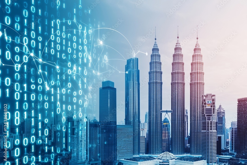 Poster double exposure visually represents a cityscape of creative binary code, embodying digital transform