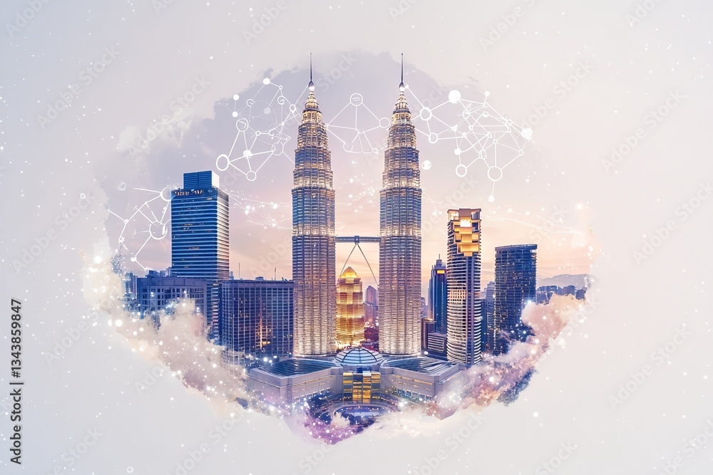 Poster digital transformation concept illustrated by a double exposure of binary code forming a city backgr