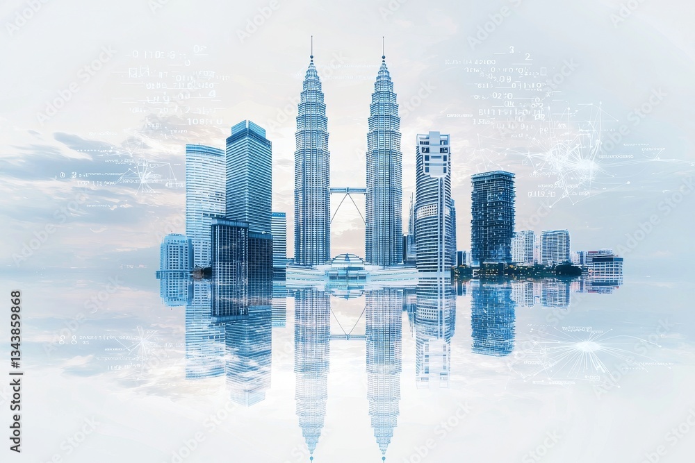 Poster double exposure effect showcasing a creative cityscape made of binary code, representing digital tra