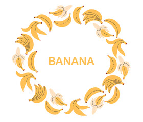 Fresh banana fruit circle frame. Tropical fruits. Collection of organic vitamins and healthy nutrition. Flat Vector illustration on white background