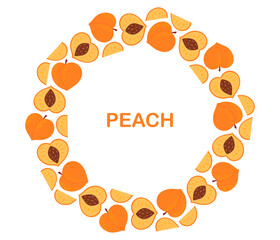Peach circle frame. Round seasonal fruit border. Collection of organic vitamins and healthy nutrition. Flat Vector illustration on white background