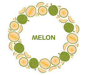 Cantaloupe melon circle frame. Ripe fruit pieces, halved slices, whole melon, seed. Collection of organic vitamins and healthy nutrition. Flat Vector illustration on white background