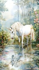 Majestic Unicorn Reflecting in a Tranquil Forest Pond. A serene watercolor painting of a mythical creature.