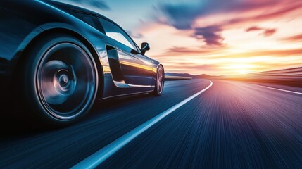 Car driving fast on highway at sunset