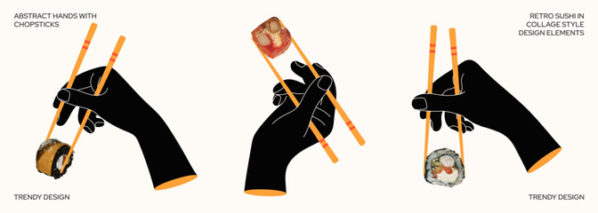 Retro sushi in collage style. Various sushi flavors. Abstract hands with chopsticks and rolls in different positions. Design elements for advertising a Japanese restaurant, menu, sushi bar