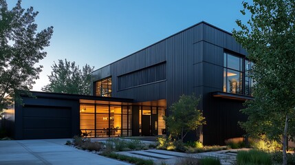Obraz premium Modern Home Exterior at Twilight with Contemporary Architecture and Landscaping