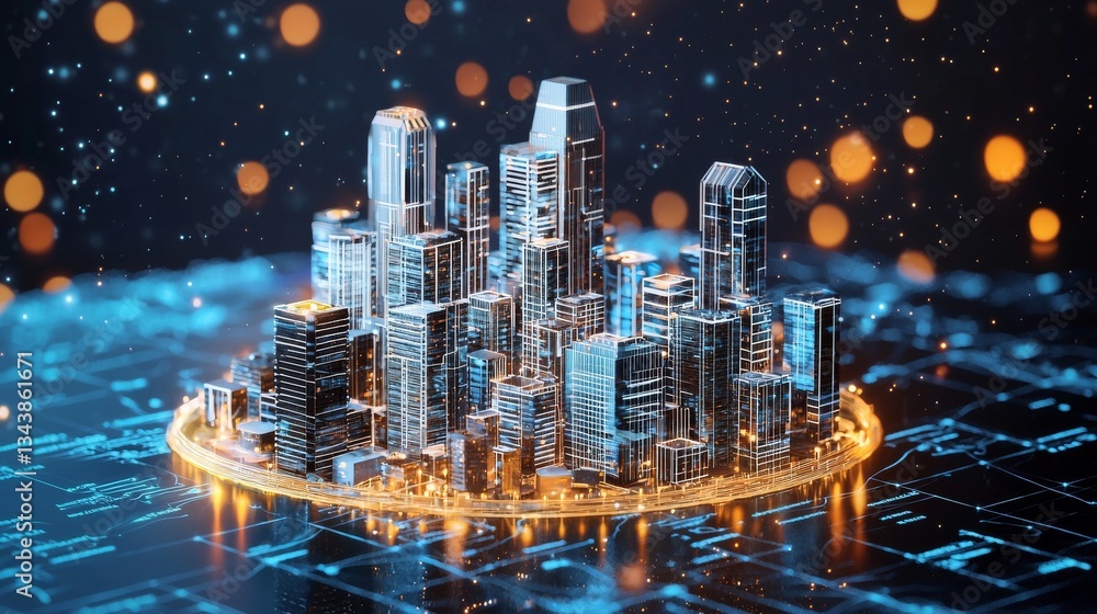 Poster modern city model represented in abstract form with emphasis on wireless network and connection tech