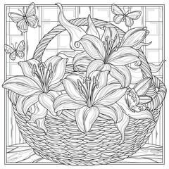 Basket with lilies and butterflies.Coloring book antistress for children and adults.	