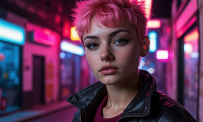 Young woman with pink hair at night