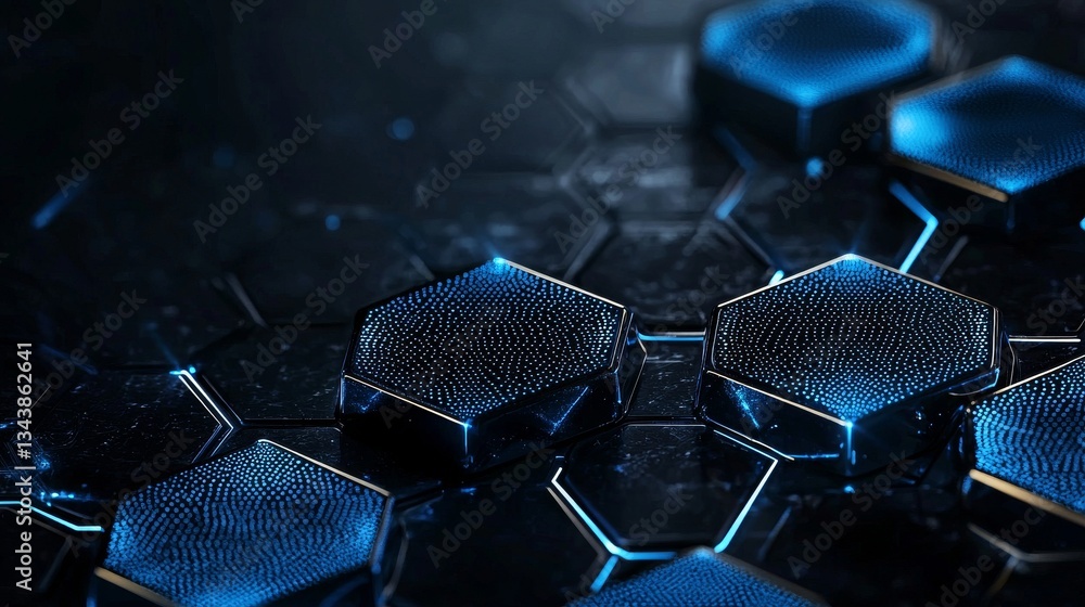 Poster high computer technology is embodied in abstract futuristic hexagons and circuit boards, conveying i