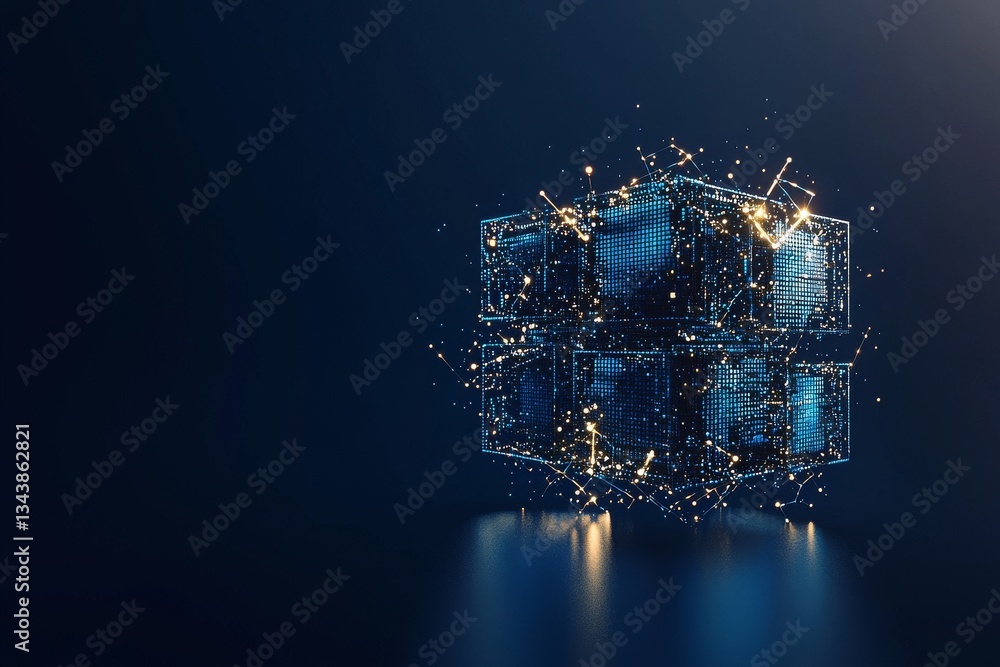 Poster interconnected cubic square boxes in a blockchain pattern are depicted in a 3d rendering on a blue b