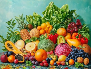 Vibrant assortment of fresh colorful fruits vegetables.