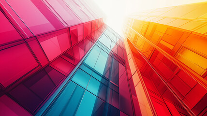 Fototapeta premium Vibrant abstract architecture showcasing colorful glass buildings reflecting light, creating dynamic visual experience. interplay of red, blue, and orange hues evokes sense of modernity and