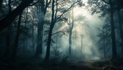 Obraz premium Misty Forest Path with Sunlight Shining Through Foggy Trees