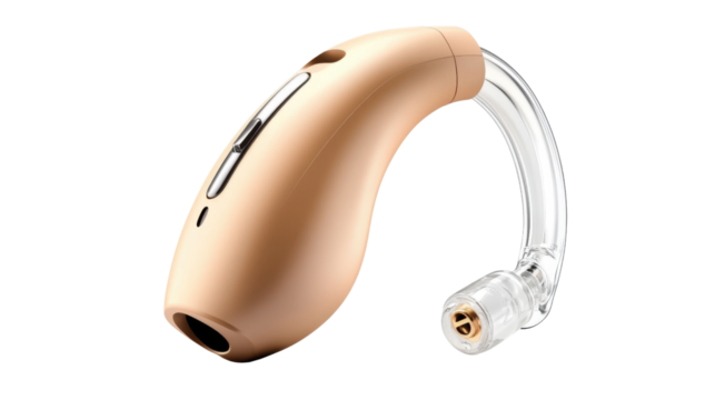 Hearing Aid: A close-up shot of a modern hearing aid, highlighting its sleek design and advanced technology, essential for enhancing audibility and communication.