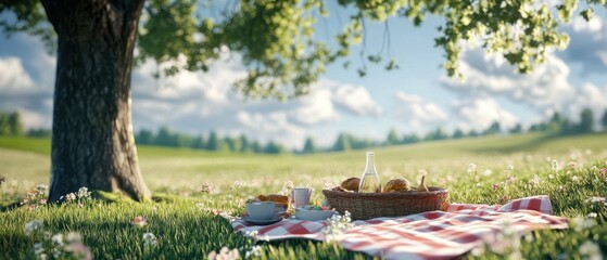 Obraz premium Sunny picnic scene with a red checkered blanket under a tree.