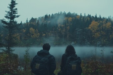 A peaceful scene of two hikers with backpacks on the lake, surrounded by mist, represents the concept of serene nature exploration and tranquility, making it a great design element for posters,